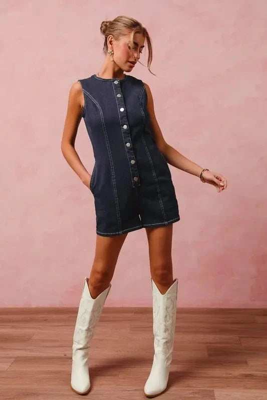SO ME Button Up Front Washed Denim Sleeveless Romper - Trendsi - Flyclothing LLC