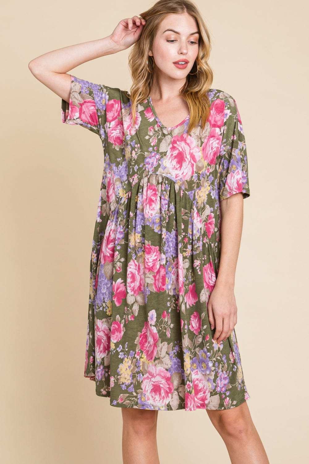 BOMBOM Flower Print V-Neck Ruched Dress - Trendsi - Flyclothing LLC