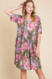 BOMBOM Flower Print V-Neck Ruched Dress - Trendsi - Flyclothing LLC