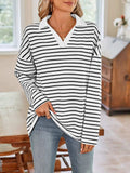 Striped Johnny Collar Long Sleeve T-Shirt - Trendsi - Flyclothing LLC