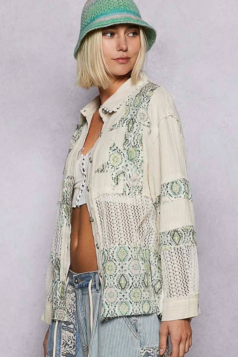 POL Printed Crochet Patchwork Button-Up Shirt - Trendsi - Flyclothing LLC