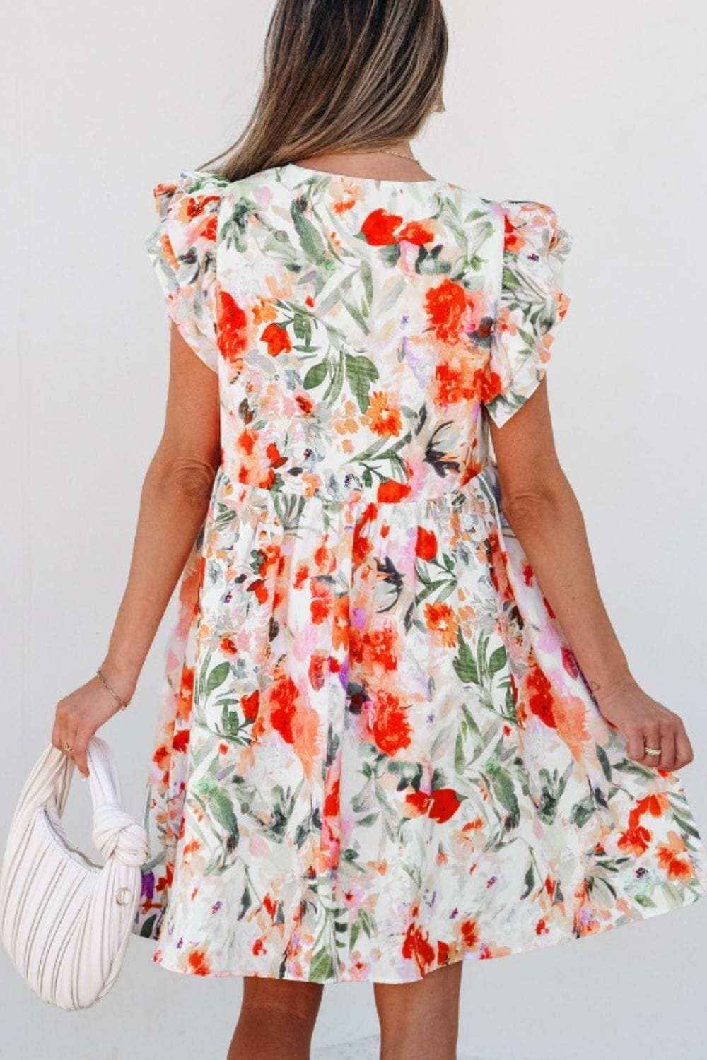 Floral Double Ruffle Sleeve V Neck Mini Dress - Trendsi - Flyclothing LLC