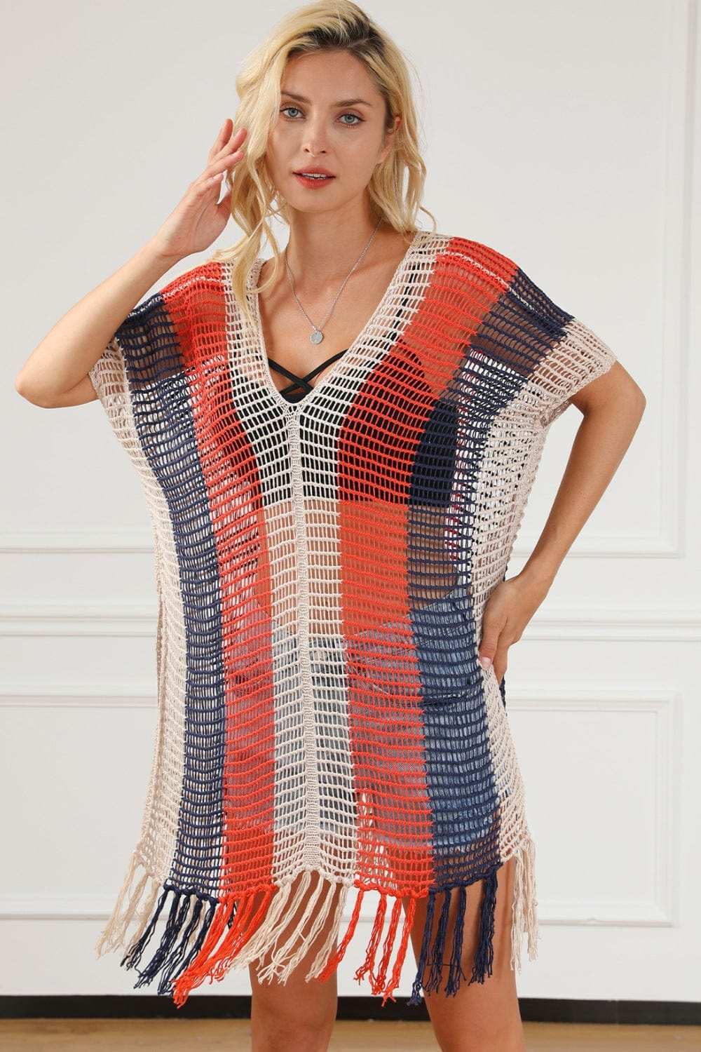 Tassel Color Block V-Neck Cover Up - Trendsi - Flyclothing LLC