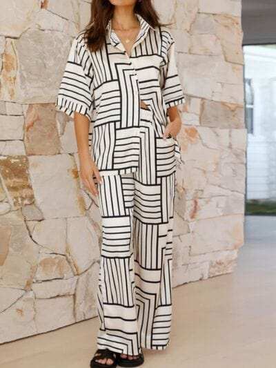 Button Down Half Sleeve Top and Pants Set - Trendsi - Flyclothing LLC