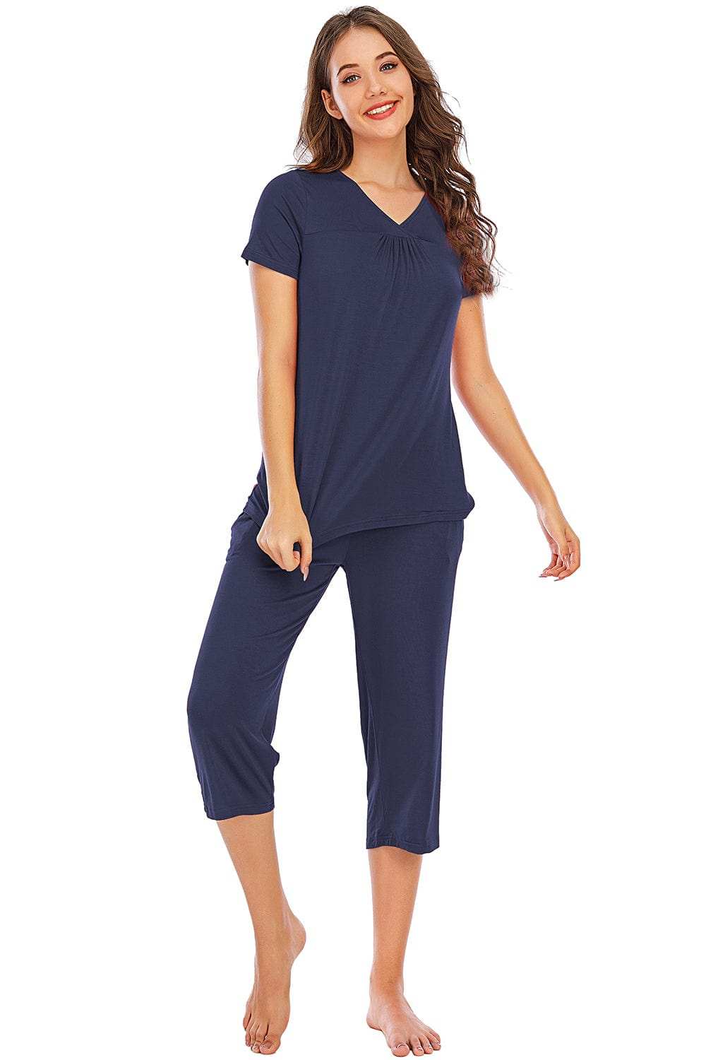 V-Neck Short Sleeve Top and Pants Lounge Set - Trendsi - Flyclothing LLC