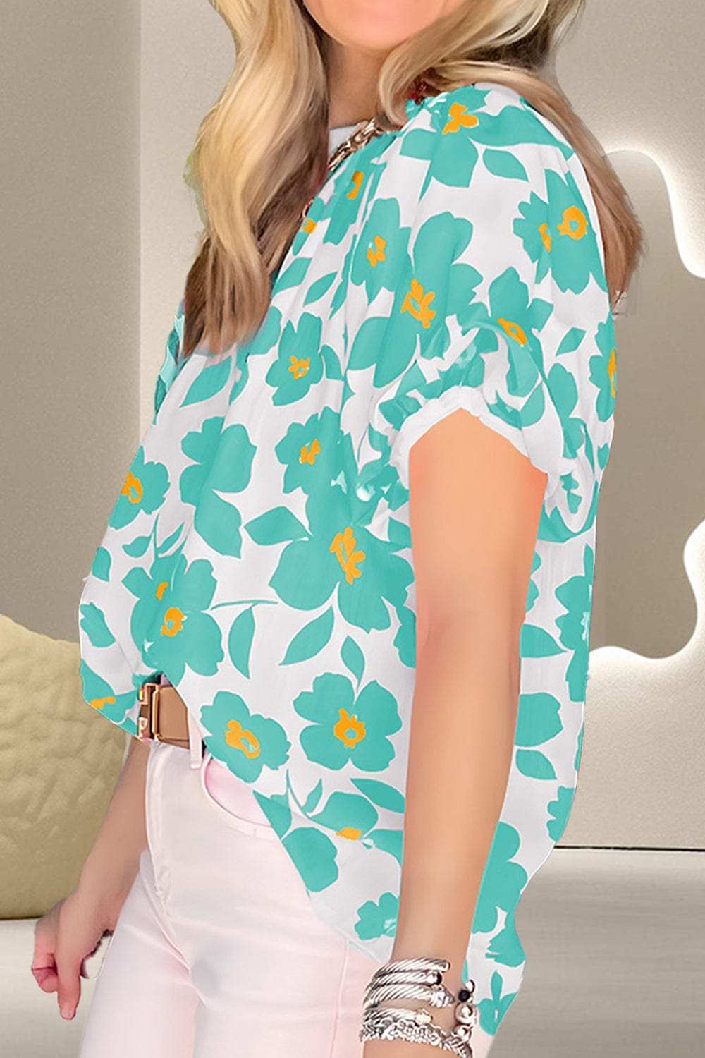 Printed Mock Neck Puff Sleeve Blouse - Trendsi - Flyclothing LLC