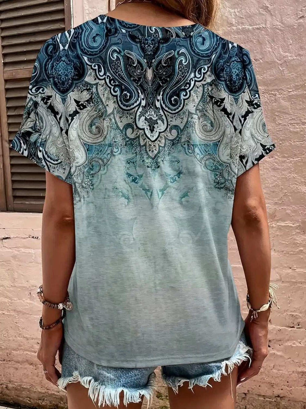 Full Size Printed Notched Short Sleeve Blouse - Trendsi - Flyclothing LLC