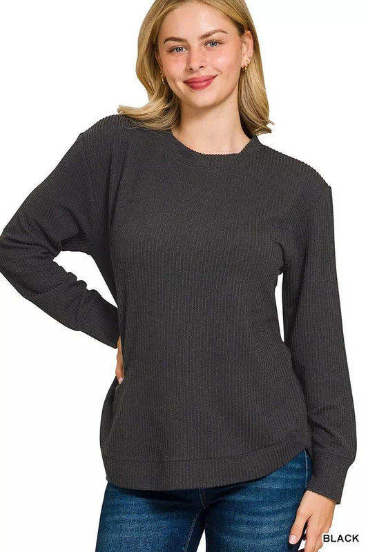 Zenana Full Size Raised Rib Round Neck Long Sleeve Top Plus Size - Trendsi - Flyclothing LLC