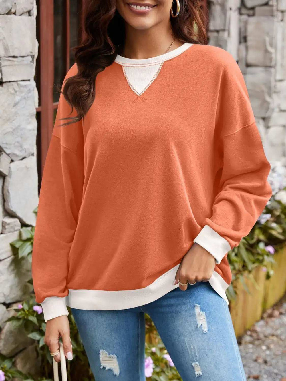 Contrast Round Neck Long Sleeve Sweatshirt - Trendsi - Flyclothing LLC