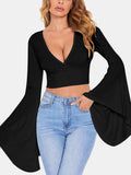 Plunge Flare Sleeve Cropped Top - Trendsi - Flyclothing LLC