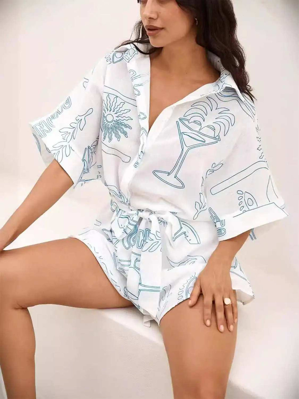 Printed Collared Neck Half Sleeve Romper - Trendsi - Flyclothing LLC