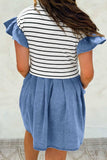 Stripe Ruffle Denim Patchwork Round Neck Mini Dress - Trendsi - Flyclothing LLC