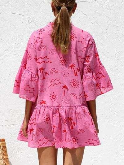 Button Detail Ruffled Hem Printed Mini Dress - Trendsi - Flyclothing LLC