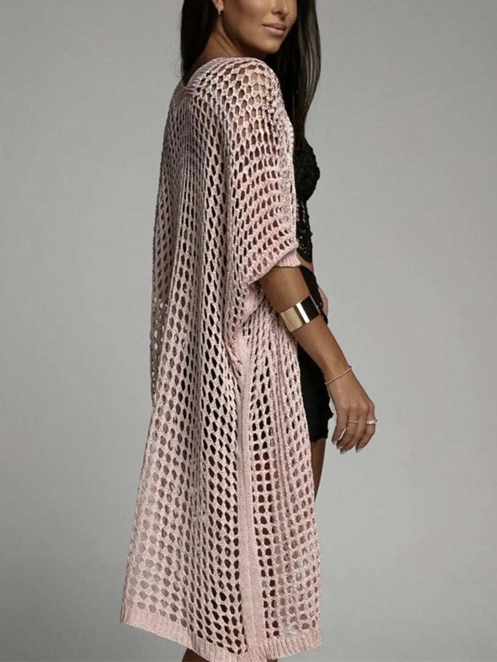 Openwork Open Front Three-Quarter Sleeve Cover Up - Trendsi - Flyclothing LLC