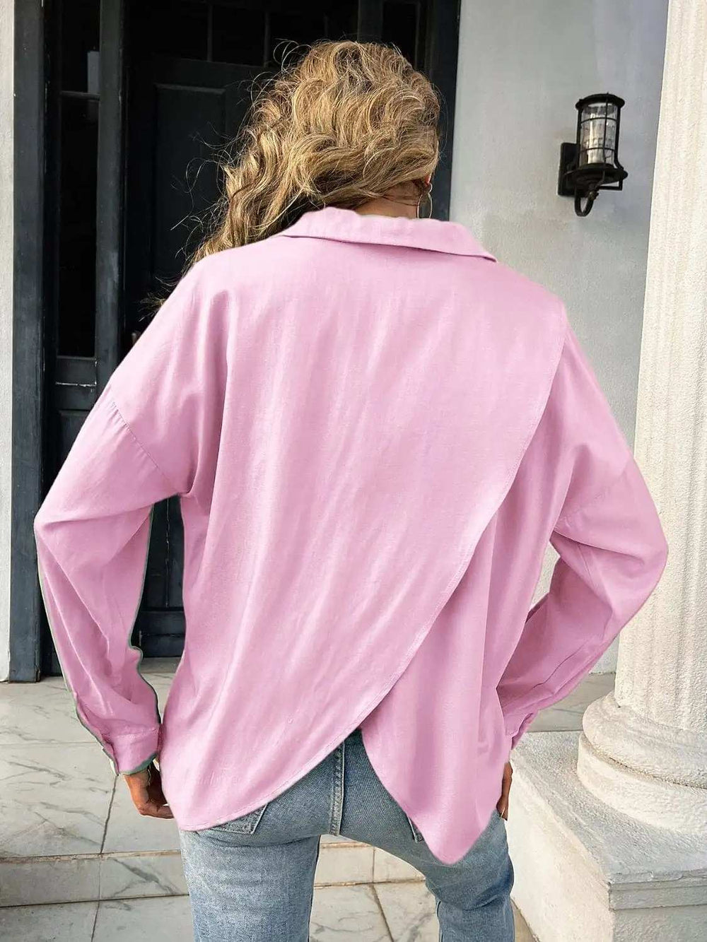 Button Down Collared Neck Long Sleeve Shirt - Trendsi - Flyclothing LLC