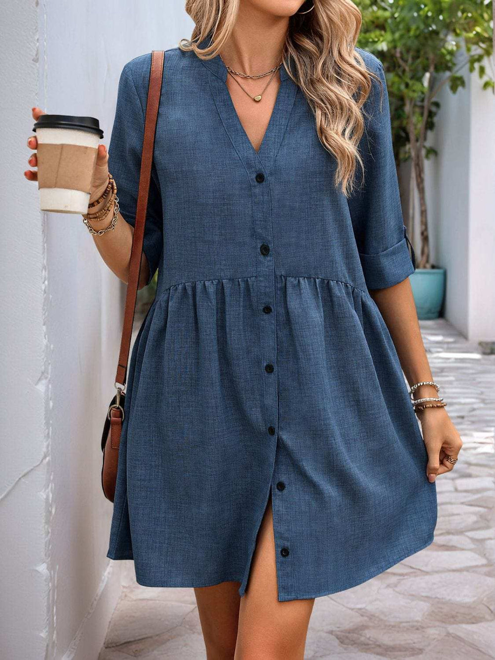Perfee Button Down Notched Half Sleeve Mini Shirt Dress - Trendsi - Flyclothing LLC