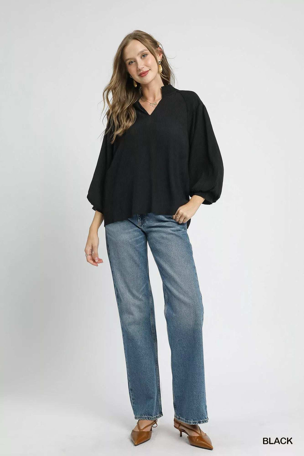 Umgee Textured V-Neck Blouse with Balloon Sleeves - Trendsi - Flyclothing LLC
