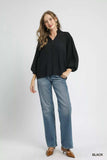 Umgee Textured V-Neck Blouse with Balloon Sleeves - Trendsi - Flyclothing LLC