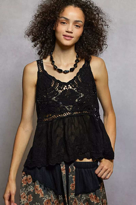 POL V-Neck Crochet Tank with Floral Embroidery Detail - Trendsi - Flyclothing LLC