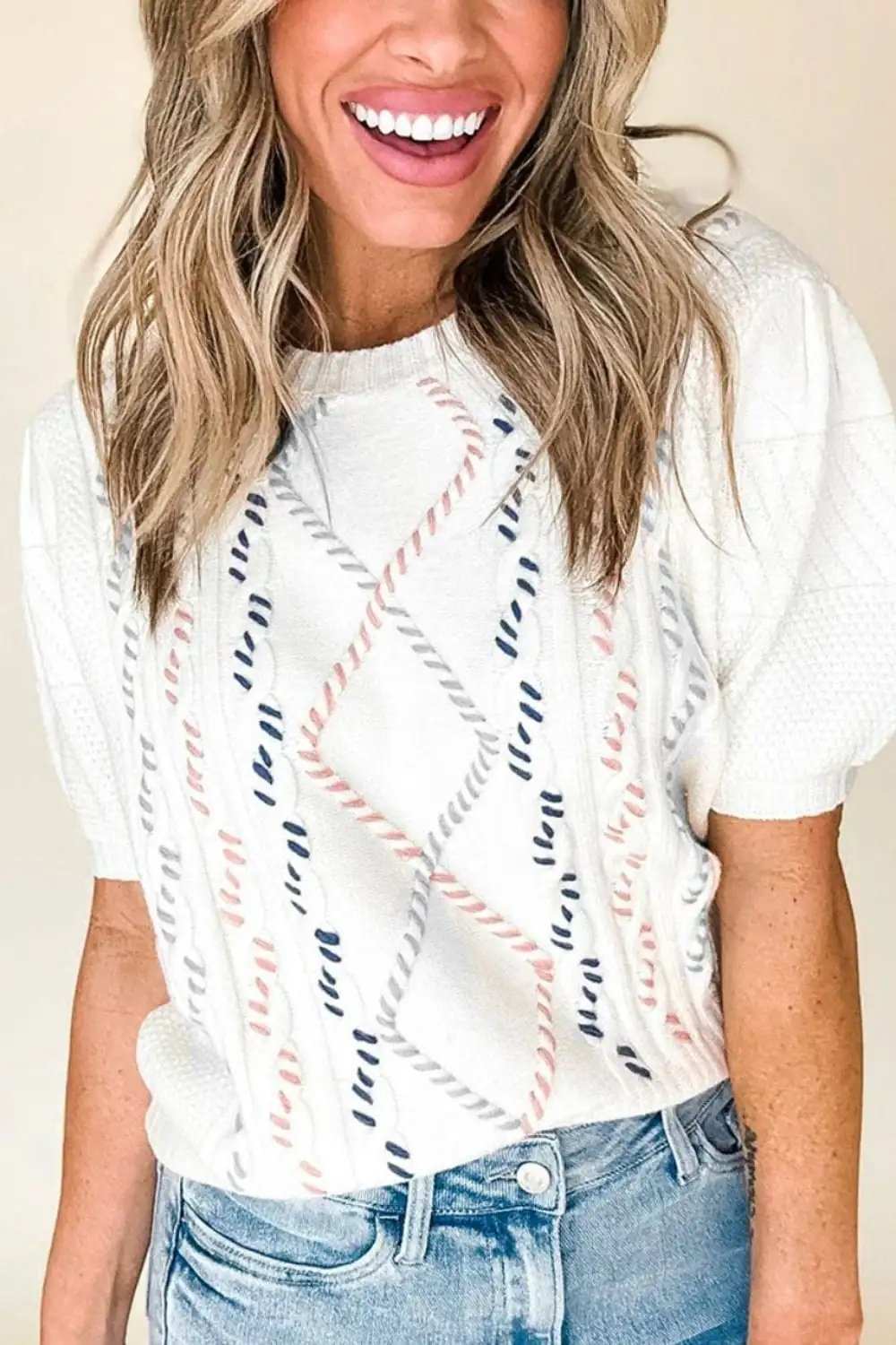 Cable Knit Round Neck Half Sleeve Sweater - Trendsi - Flyclothing LLC