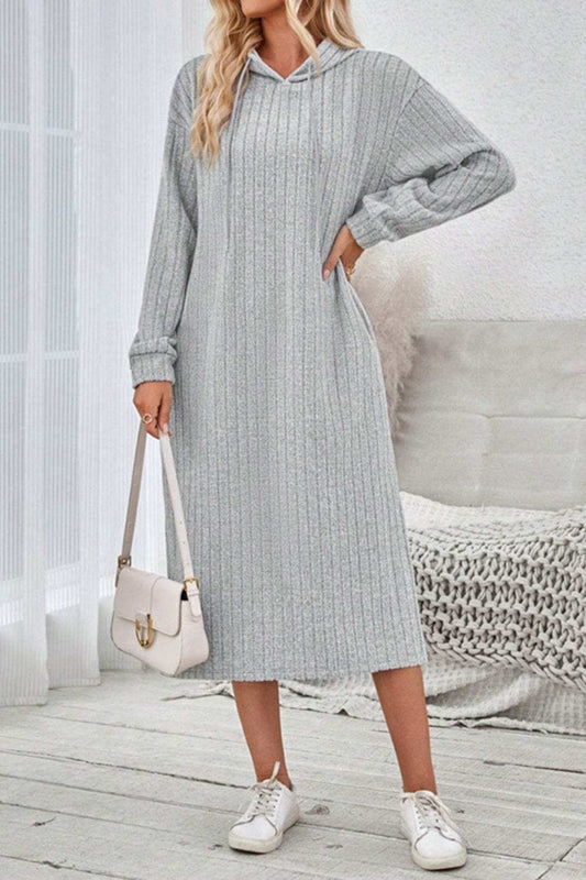 Side Slit Drawstring Long Sleeve Hooded Dress - Trendsi - Flyclothing LLC