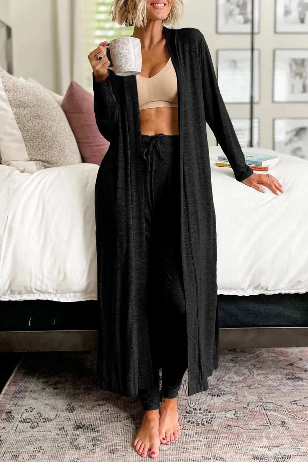 Open Front Long Sleeve Cardigan and Pants Lounge Set - Trendsi - Flyclothing LLC