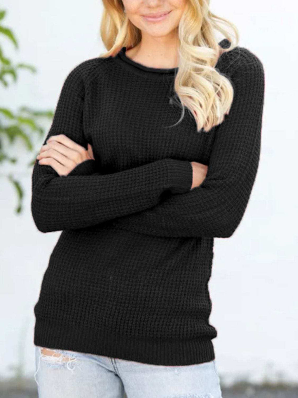 Round Neck Raglan Sleeve Sweater - Trendsi - Flyclothing LLC