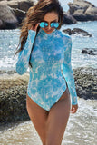 Printed Mock Neck Long Sleeve One-Piece Swimwear - Trendsi - Flyclothing LLC