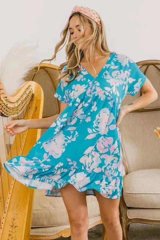 BiBi Floral Crinkle Shirred Ruffle Detail V Neck Dress - Trendsi - Flyclothing LLC