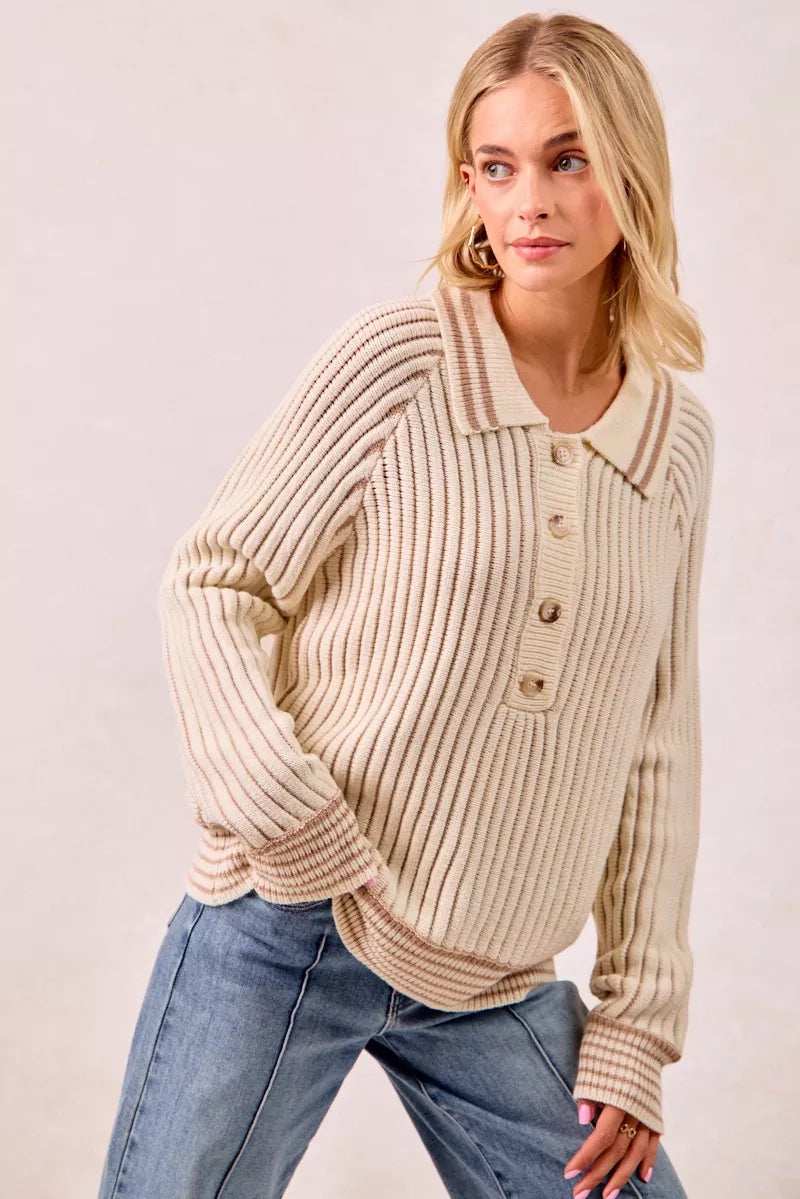 BiBi Half Button Ribbed Two Tone Sweater - Trendsi - Flyclothing LLC