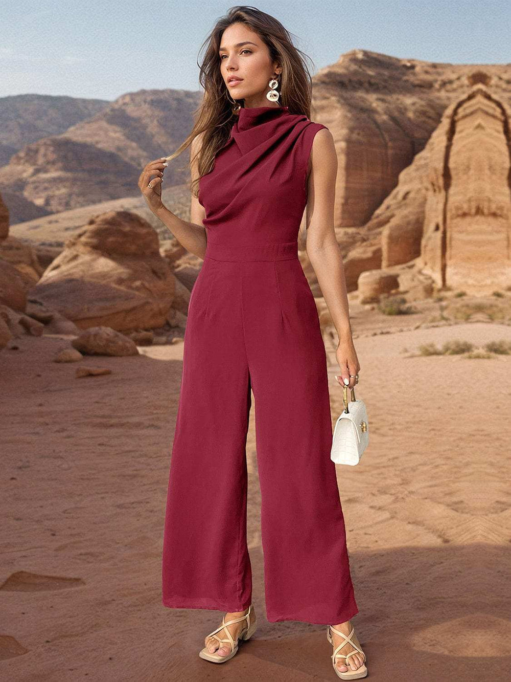 Ruched Mock Neck Sleeveless Jumpsuit - Trendsi - Flyclothing LLC