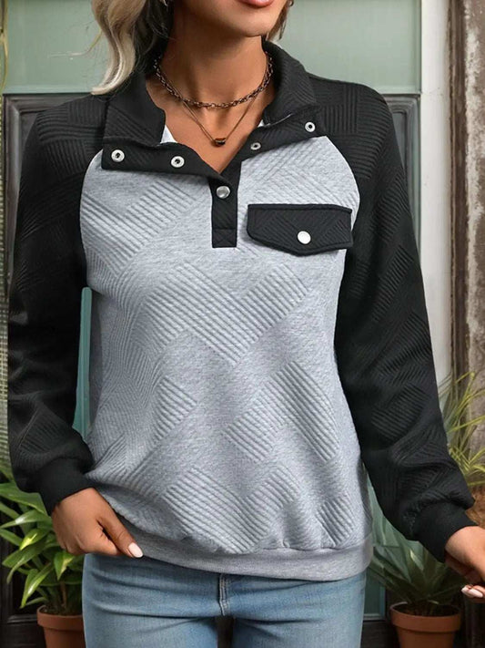 Contrast Textured Long Sleeve Sweatshirt - Trendsi - Flyclothing LLC