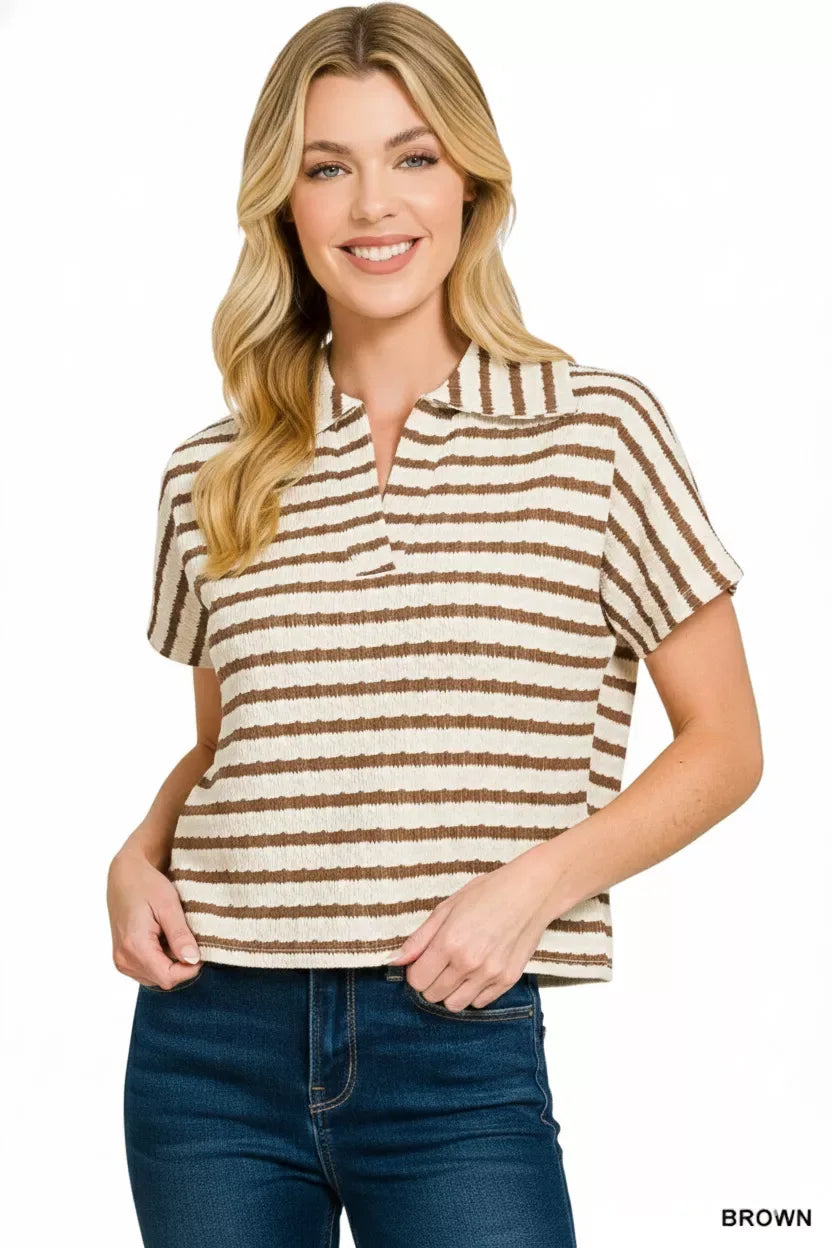 Zenana Striped Split Neck Collared Top - Trendsi - Flyclothing LLC