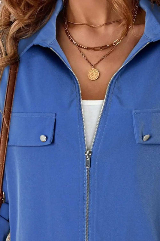 Pocketed Zip Up Collared Neck Long Sleeve Jacket - Trendsi - Flyclothing LLC