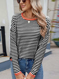Striped Contrast Round Neck Long Sleeve Sweater - Trendsi - Flyclothing LLC