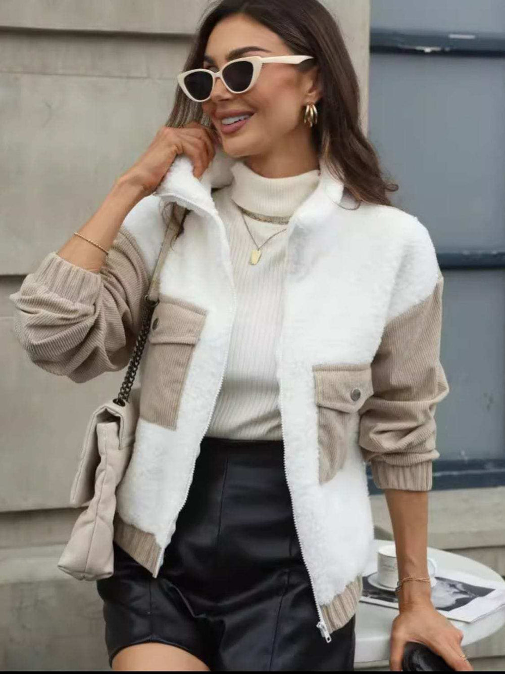 Contrast Zip Up Long Sleeve Jacket - Trendsi - Flyclothing LLC