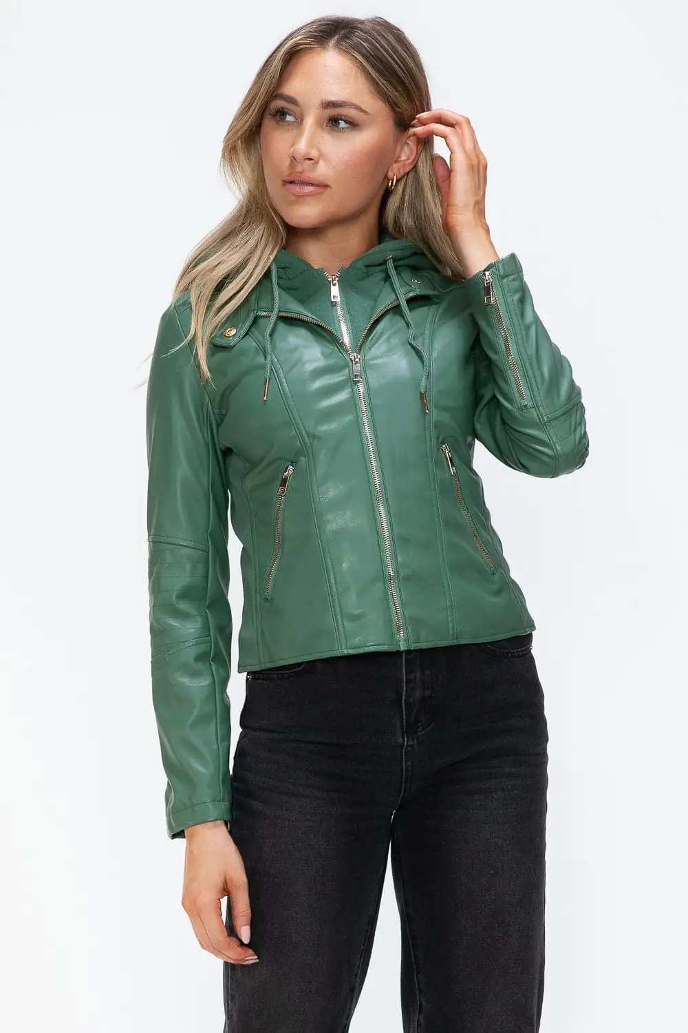 Snobbish Faux Leather Zip Up Drawstring Hooded Jacket - Trendsi - Flyclothing LLC