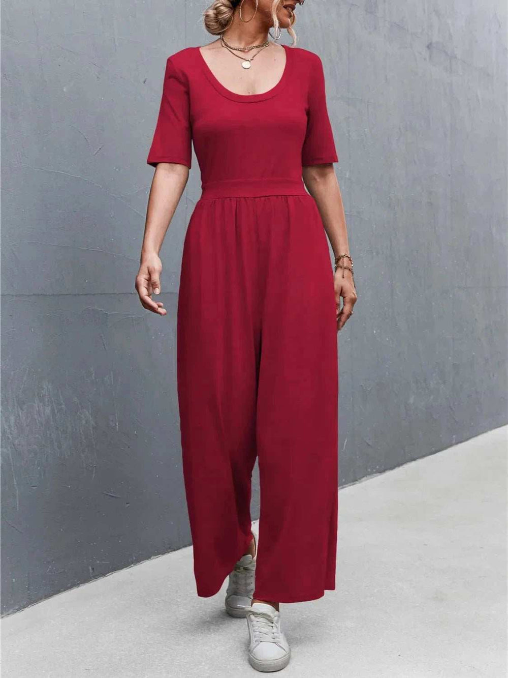 Scoop Neck Short Sleeve Jumpsuit - Trendsi - Flyclothing LLC