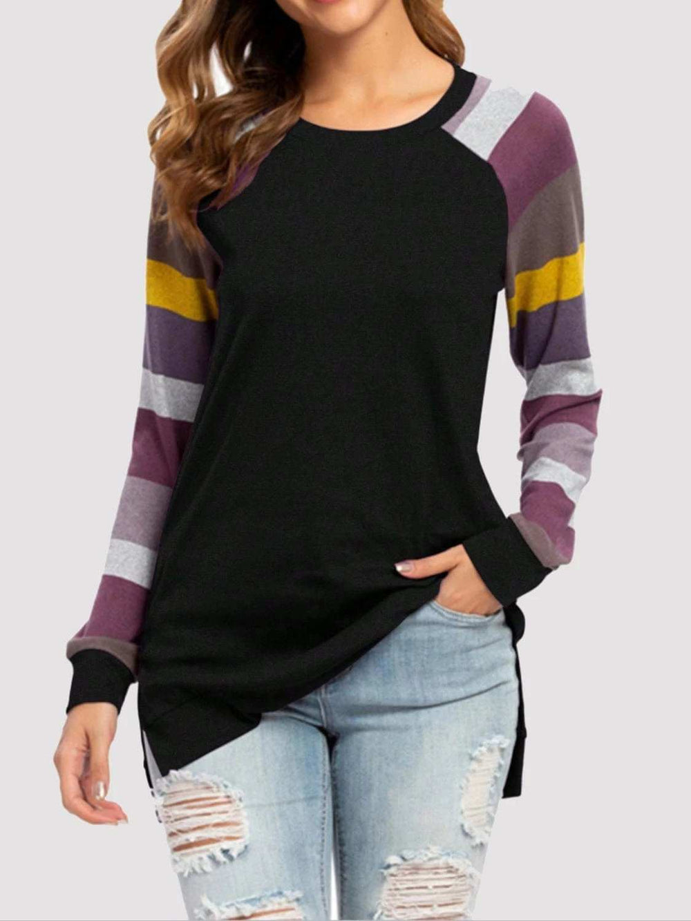 Color Block Round Neck Long Sleeve T-Shirt - Trendsi - Flyclothing LLC