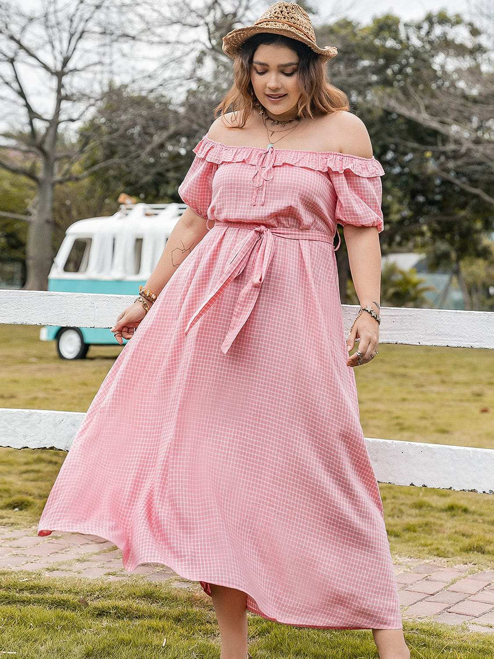 Plus Size Plaid Off-Shoulder Short Sleeve Midi Dress - Trendsi - Flyclothing LLC