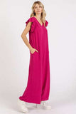 Mittoshop V-Neck Ruffled Cap Sleeve Wide Leg Jumpsuit - Trendsi - Flyclothing LLC
