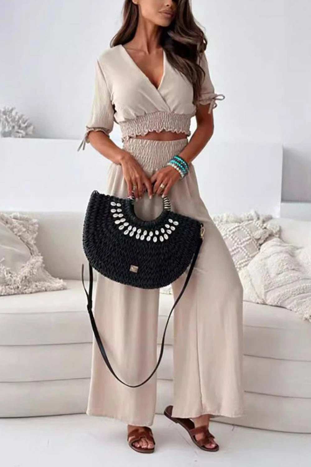 Surplice Short Sleeve Top and Pants Set - Trendsi - Flyclothing LLC