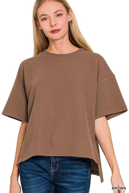 Zenana Full Size Double Knit Side Slits Hi Low Short Sleeve Top Plus Size - Trendsi - Flyclothing LLC