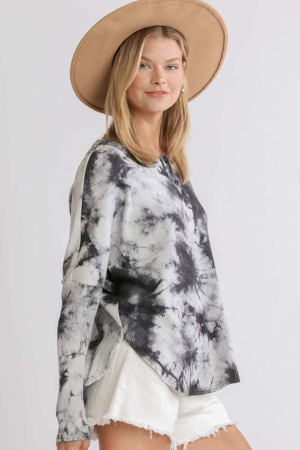 Umgee Full Size Tie Dye Round Neck Ribbed Button Front Top Plus Size - Trendsi - Flyclothing LLC