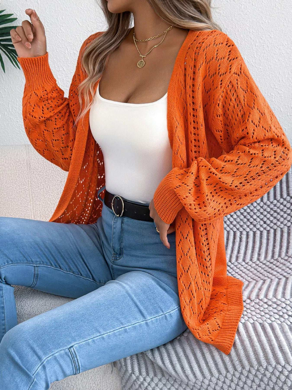 Openwork Open-Front Long Sleeve Cardigan - Trendsi - Flyclothing LLC