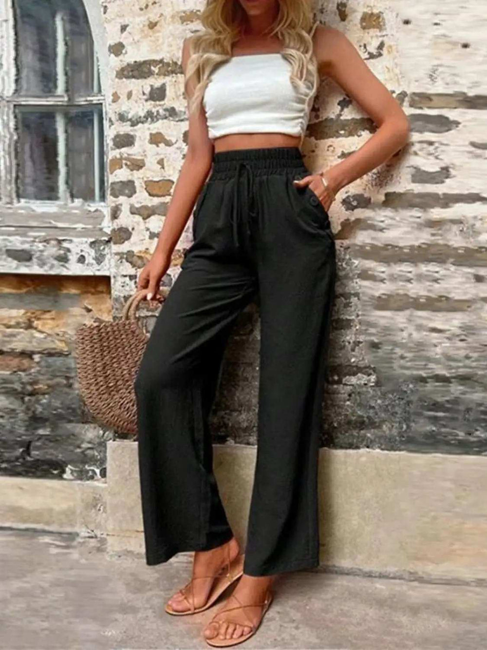 Tied High Waist Wide Leg Pants with Pockets - Trendsi - Flyclothing LLC