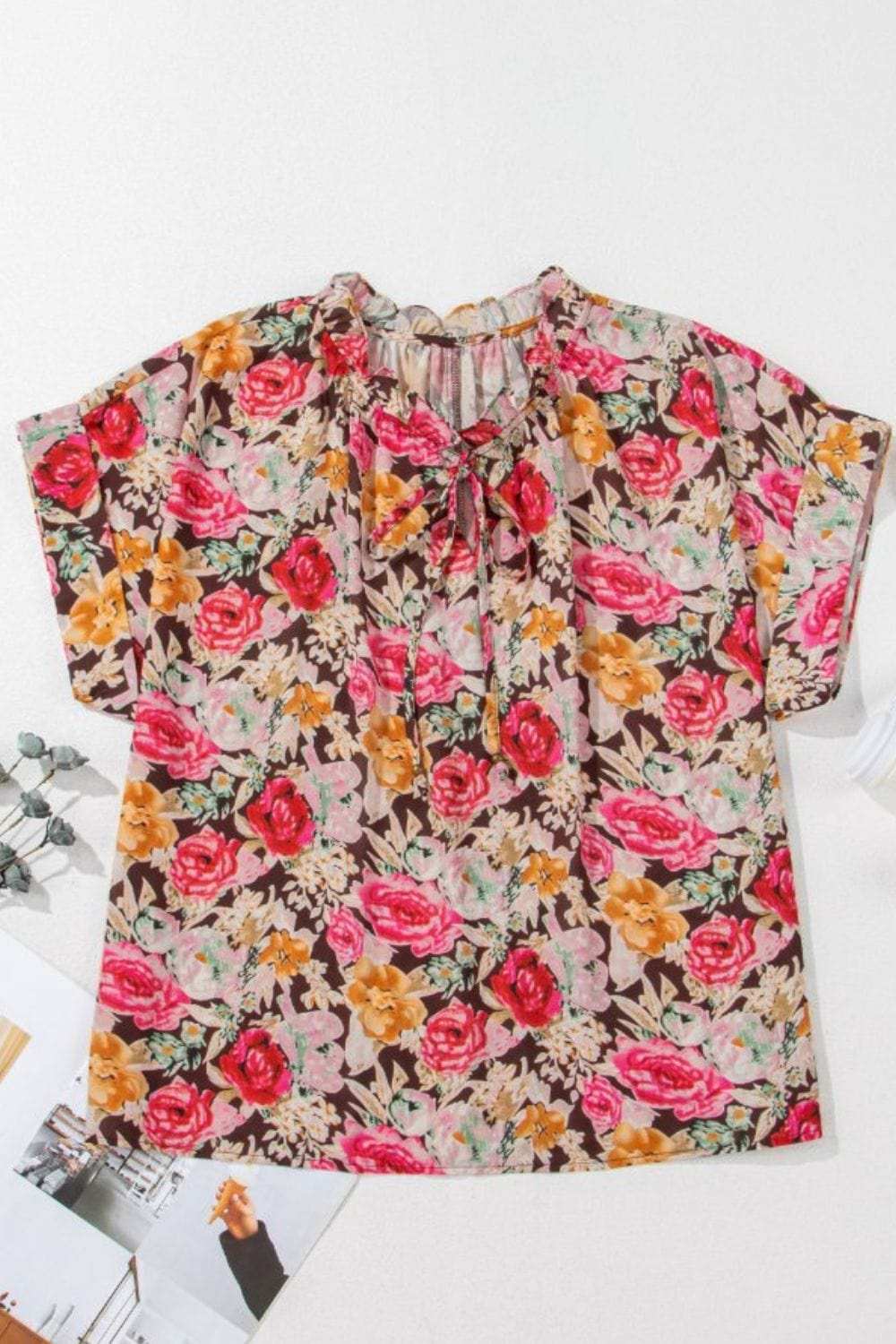 Floral Tie Neck Short Sleeve Blouse - Trendsi - Flyclothing LLC