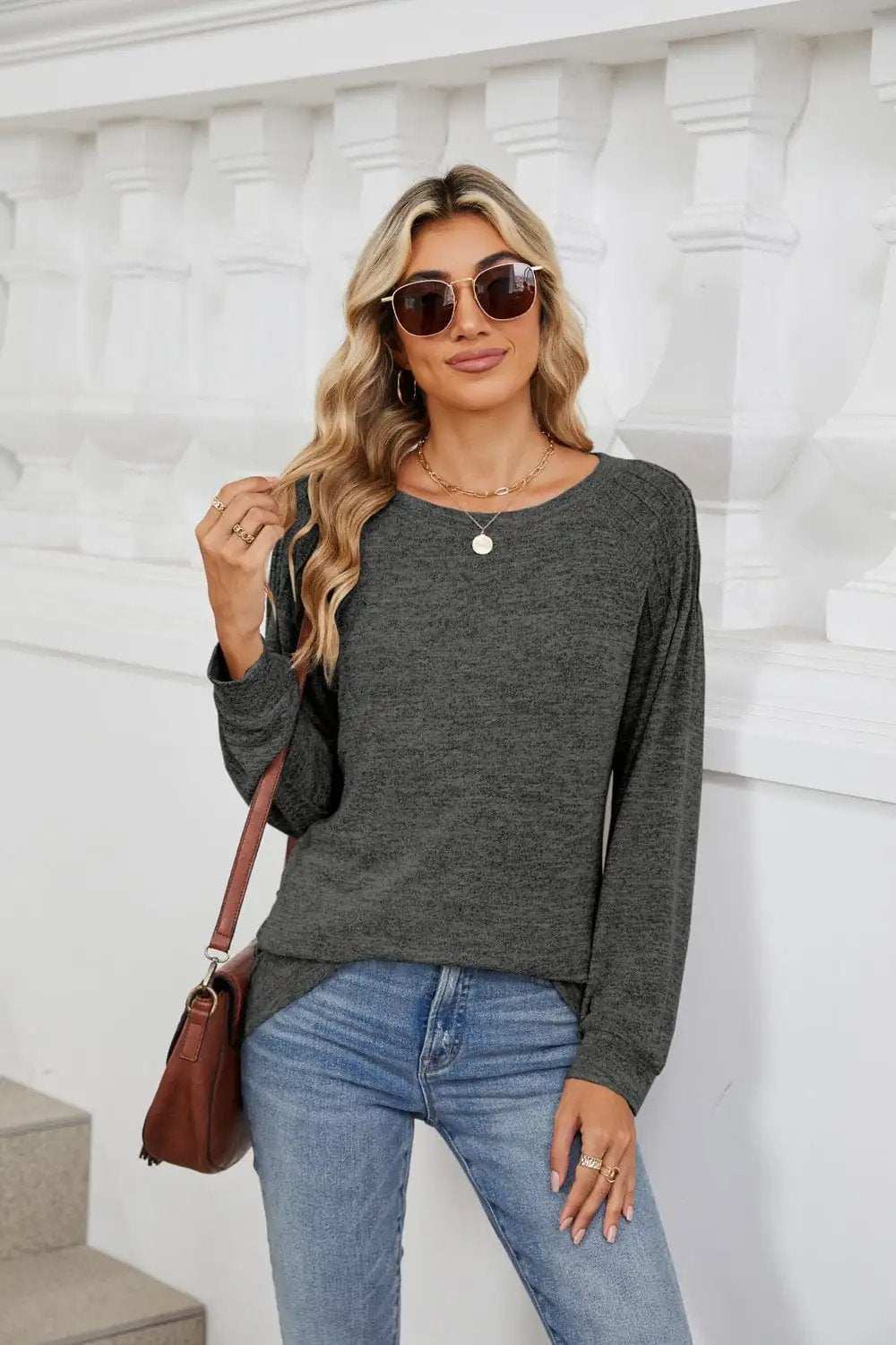 Round Neck Long Sleeve T-Shirt - Trendsi - Flyclothing LLC