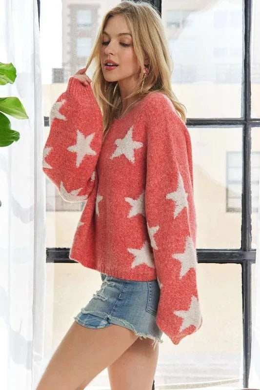 ADORA Full Size Star Contrast Round Neck Sweater Plus Size - Trendsi - Flyclothing LLC