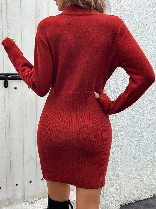 Perfee Cable-Knit Half Zip Long Sleeve Sweater Dress - Trendsi - Flyclothing LLC